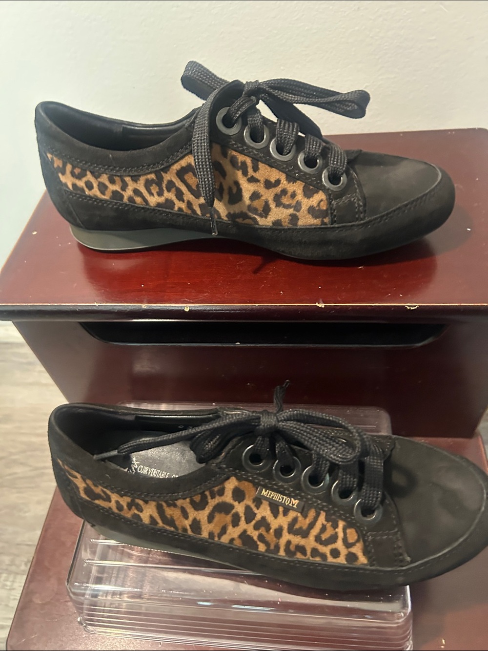 Mephisto Women's Black Suede Sneakers with Leopard Print Panels